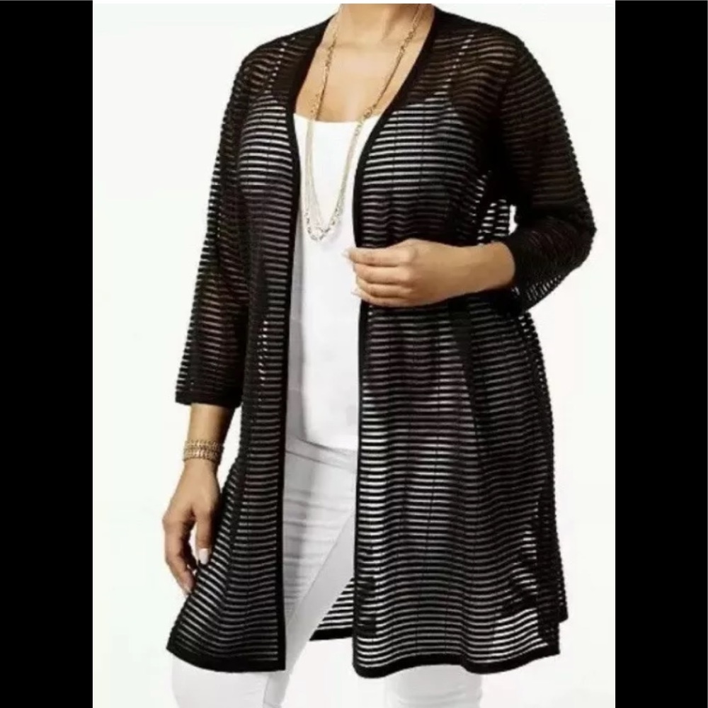Alfani sheer stripe long open front cardigan black 0X